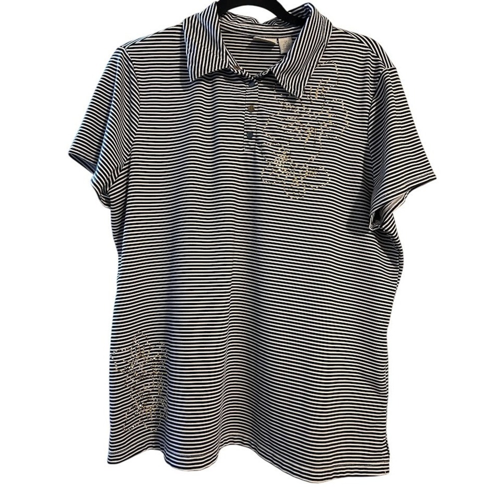 Chicos Polo Shirt Women Rhinestone Embellishment Short Sleeve Golf Top Large